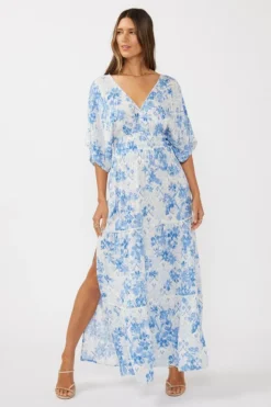 Cecily Kimono Sleeve Floral Print Maxi Dress Blue