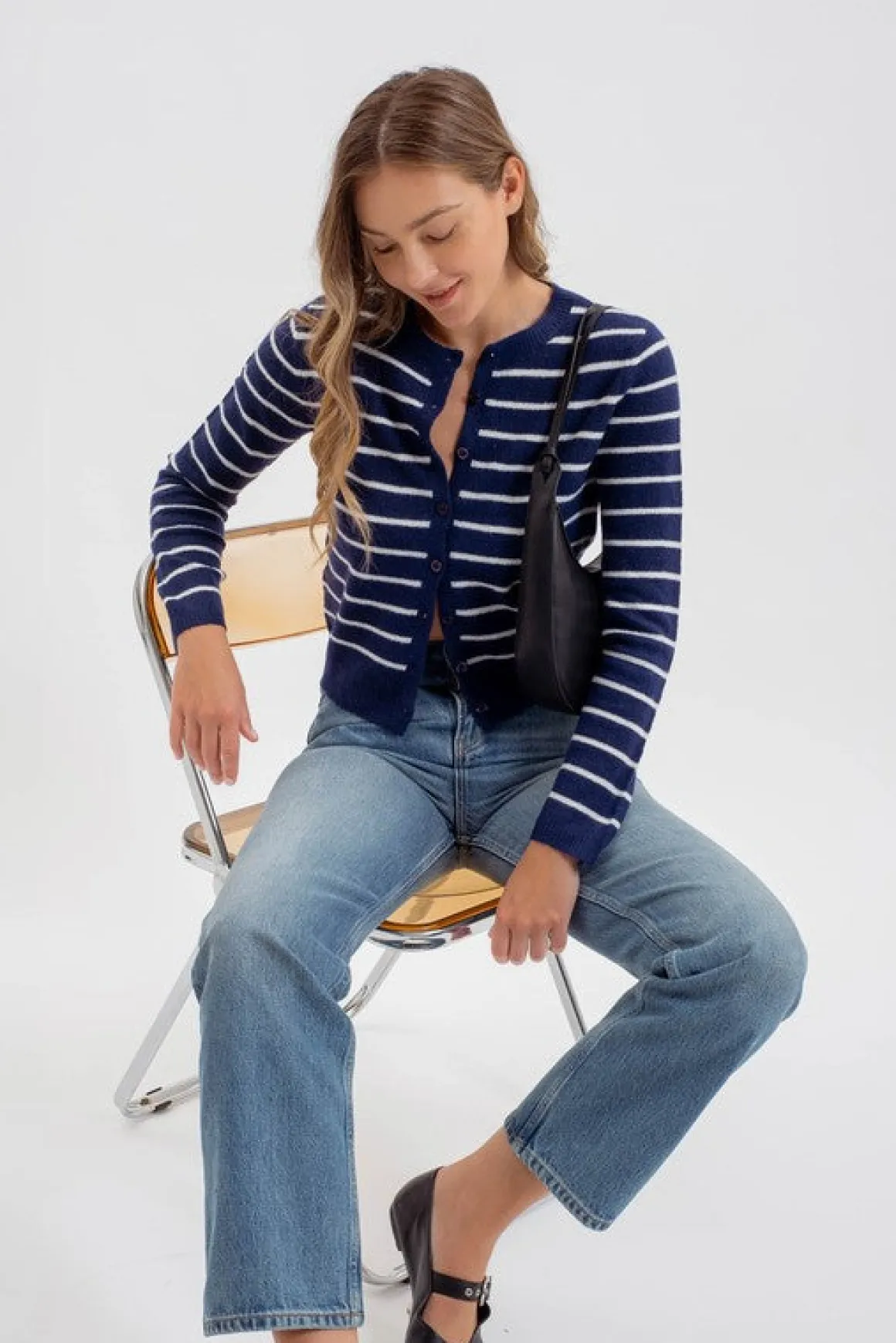 Chandler Long Sleeve Button Down Stripe Print Cardigan Navy