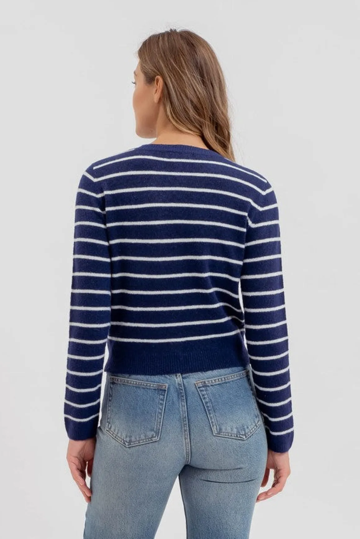 Chandler Long Sleeve Button Down Stripe Print Cardigan Navy