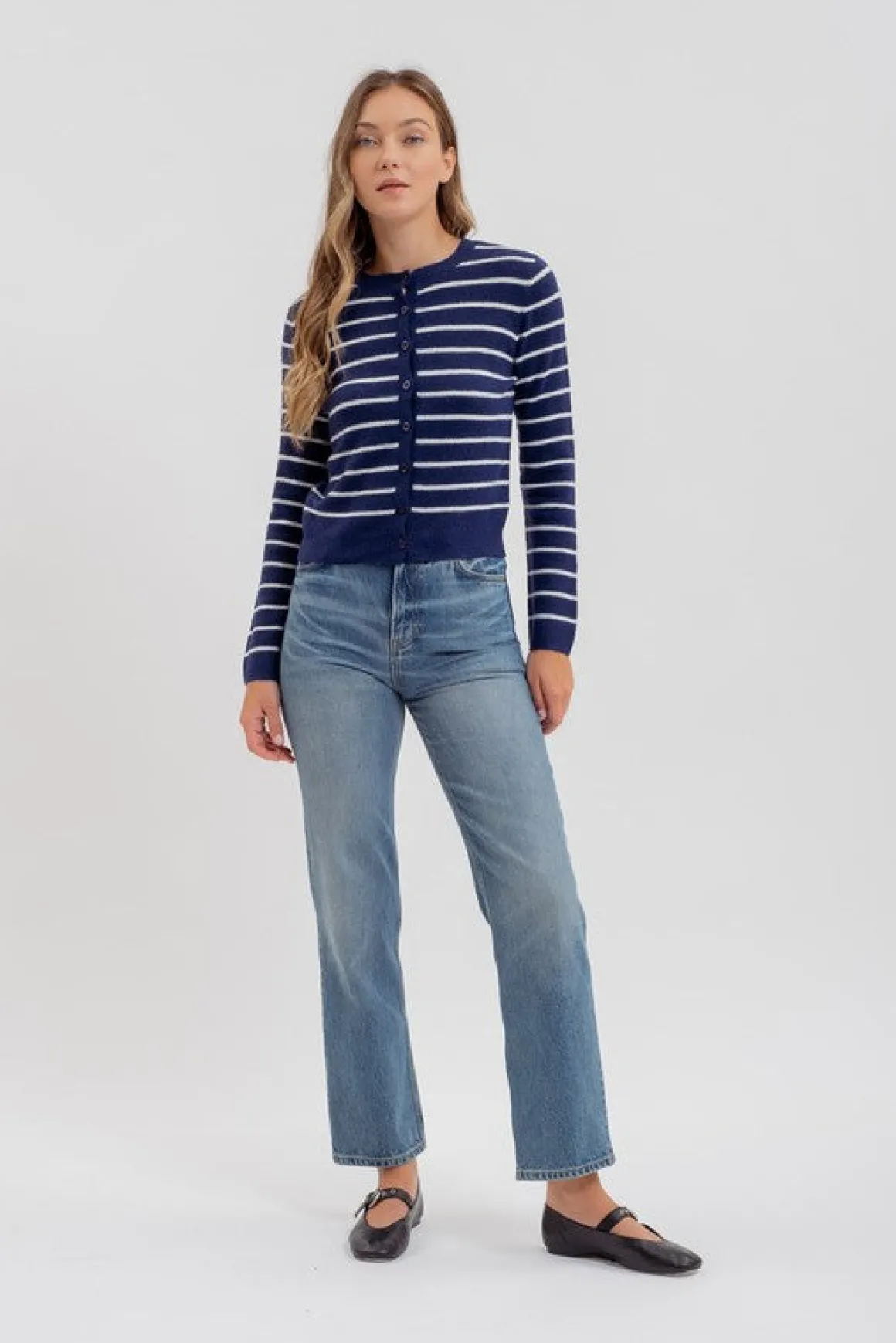 Chandler Long Sleeve Button Down Stripe Print Cardigan Navy