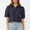 Chantelle Short Sleeve Floral Eyelet Cropped Top Navy