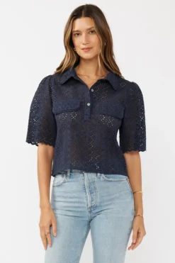 Chantelle Short Sleeve Floral Eyelet Cropped Top Navy