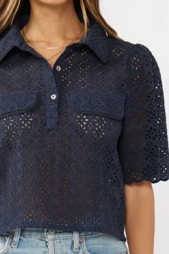 Chantelle Short Sleeve Floral Eyelet Cropped Top Navy