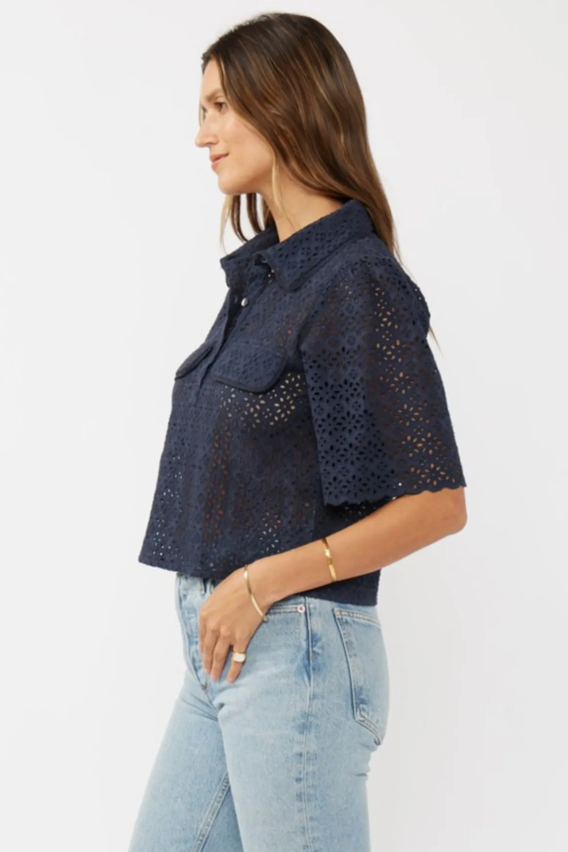 Chantelle Short Sleeve Floral Eyelet Cropped Top Navy