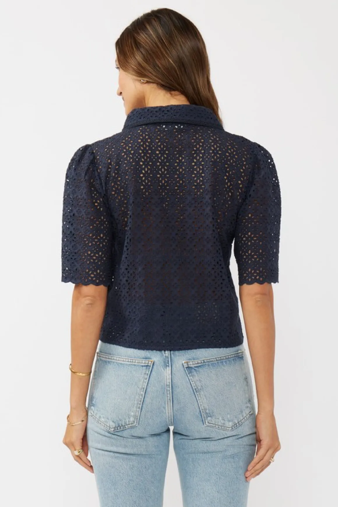 Chantelle Short Sleeve Floral Eyelet Cropped Top Navy