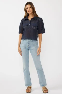 Chantelle Short Sleeve Floral Eyelet Cropped Top Navy