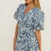 Charlie Short Puff Sleeve Floral Print Wrap Mini Dress Navy