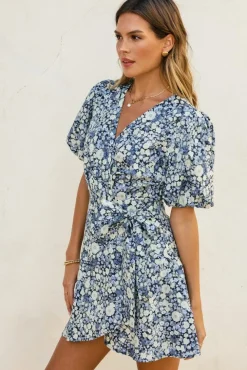 Charlie Short Puff Sleeve Floral Print Wrap Mini Dress Navy