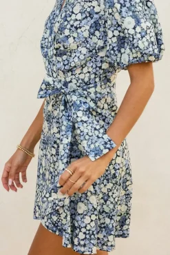 Charlie Short Puff Sleeve Floral Print Wrap Mini Dress Navy
