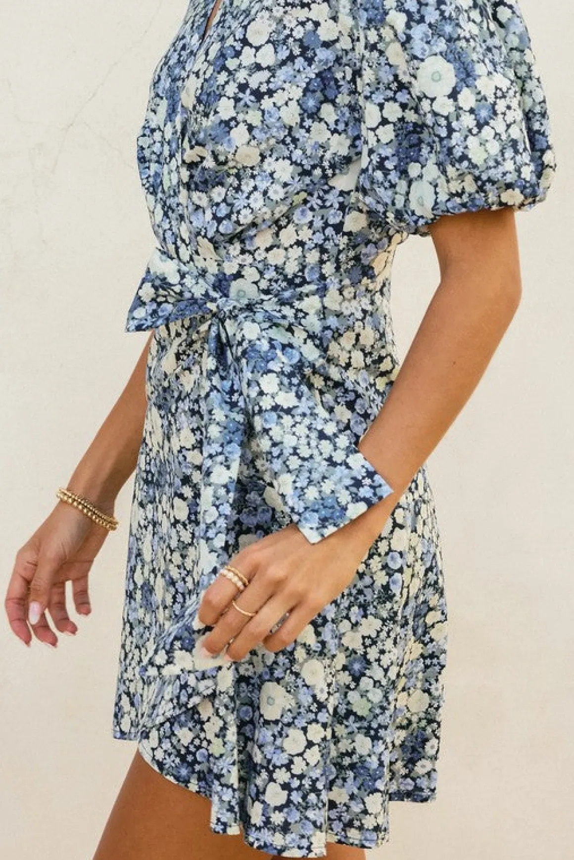 Charlie Short Puff Sleeve Floral Print Wrap Mini Dress Navy