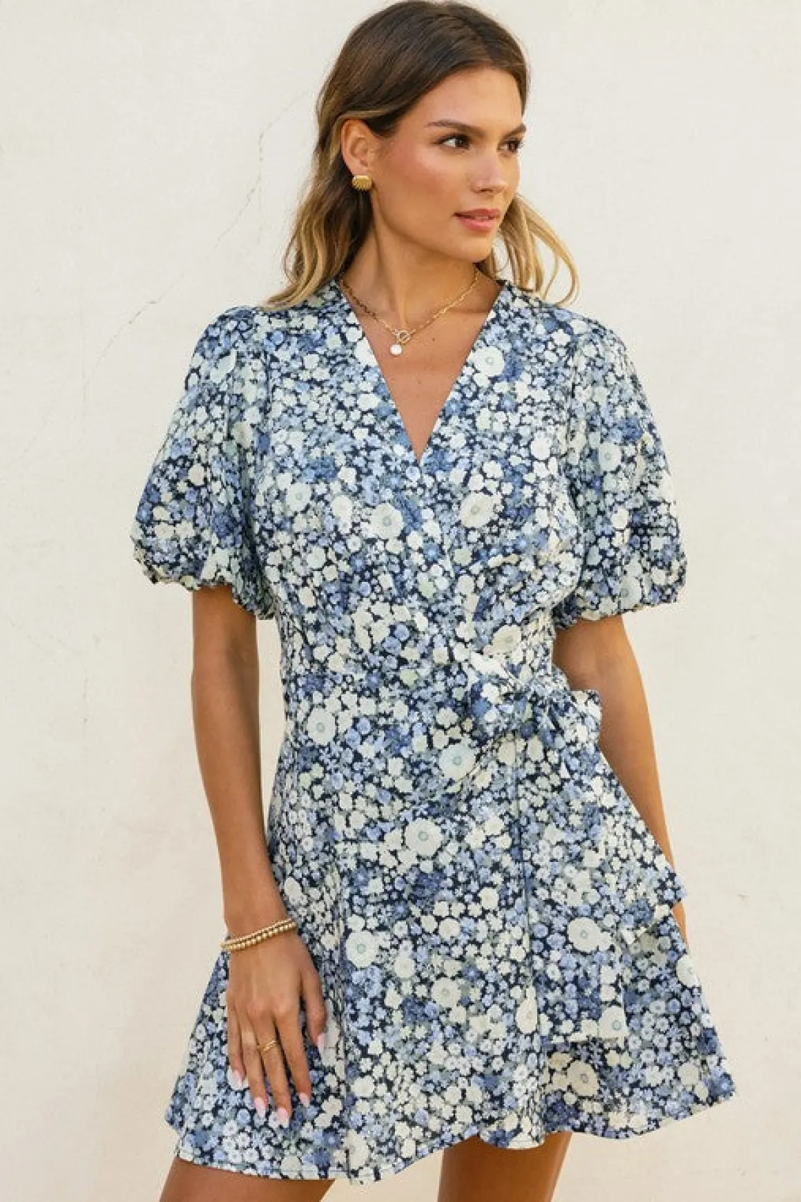 Charlie Short Puff Sleeve Floral Print Wrap Mini Dress Navy