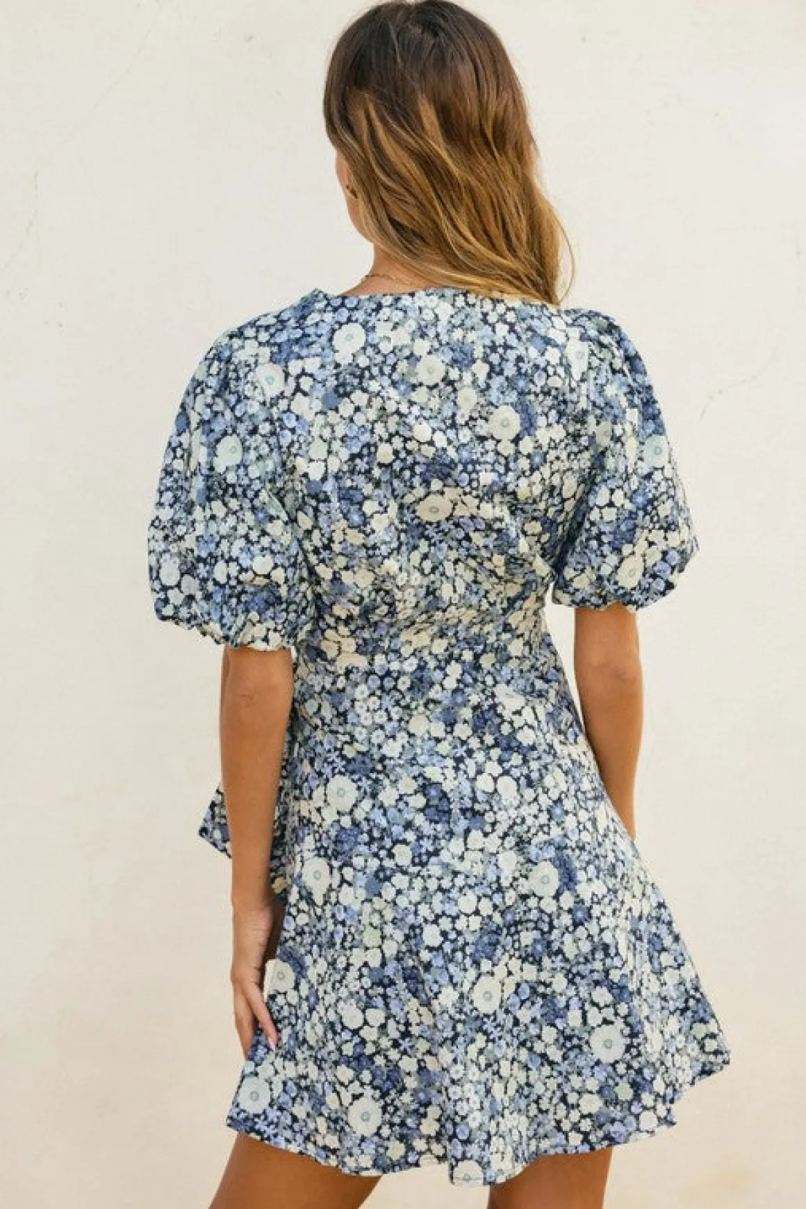 Charlie Short Puff Sleeve Floral Print Wrap Mini Dress Navy