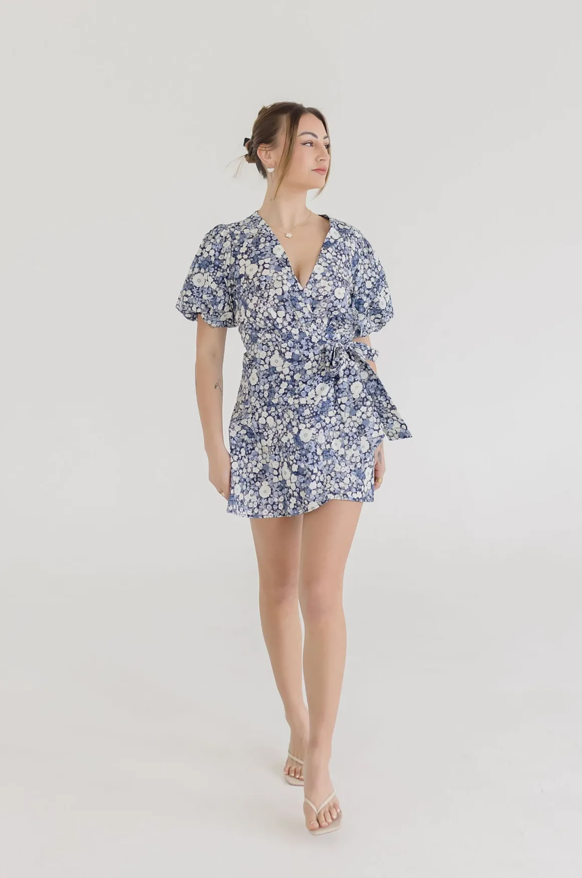 Charlie Short Puff Sleeve Floral Print Wrap Mini Dress Navy