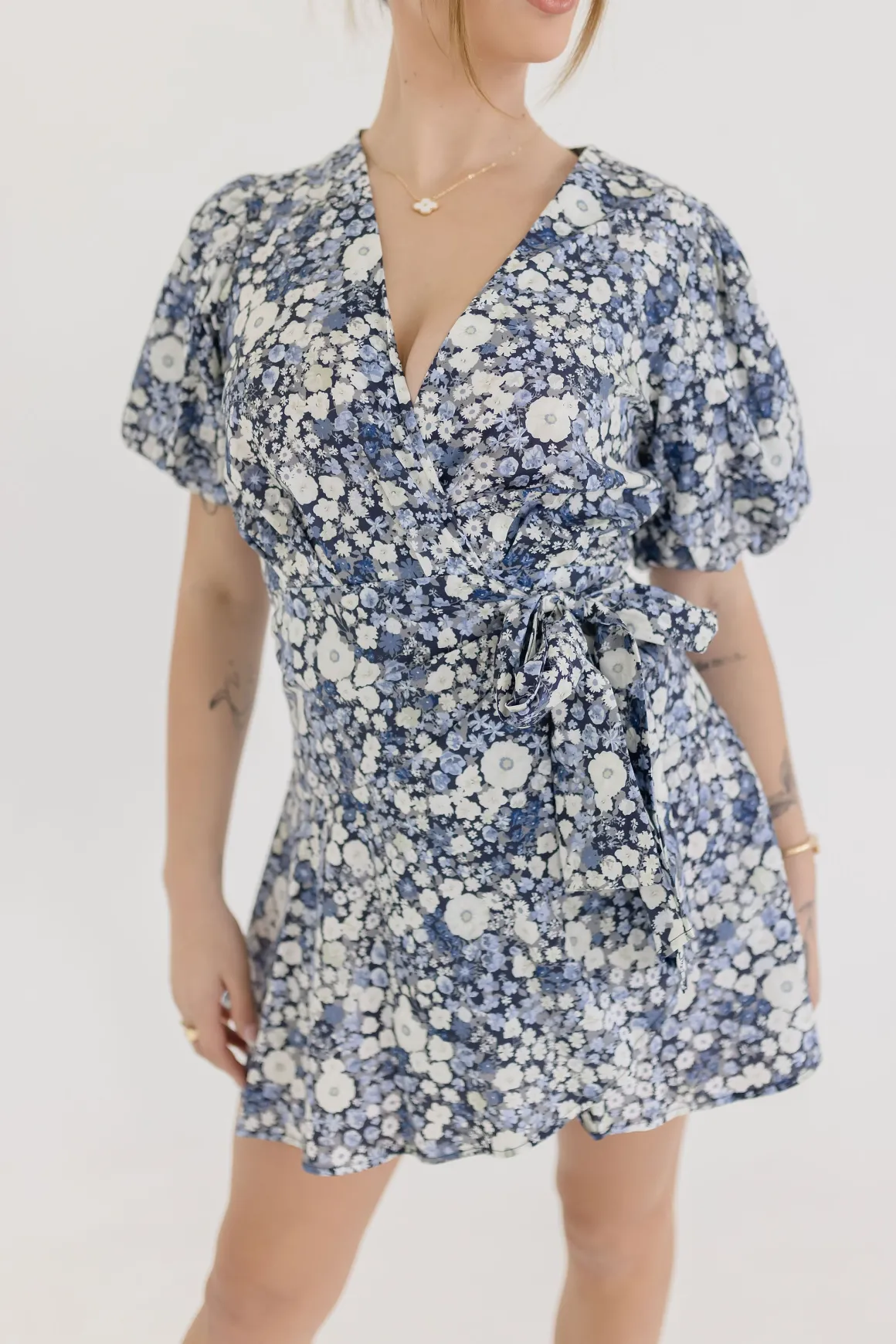 Charlie Short Puff Sleeve Floral Print Wrap Mini Dress Navy