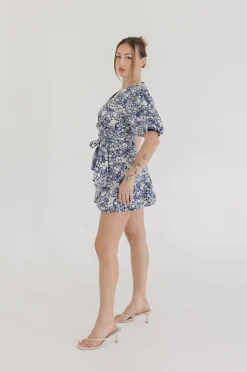 Charlie Short Puff Sleeve Floral Print Wrap Mini Dress Navy