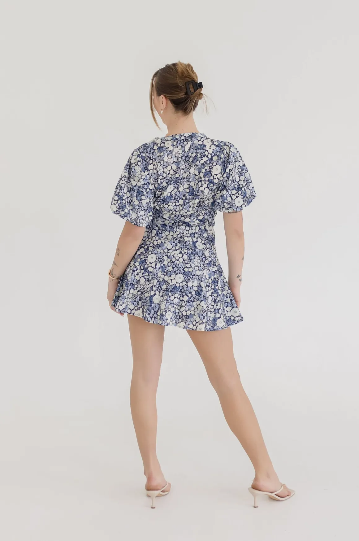 Charlie Short Puff Sleeve Floral Print Wrap Mini Dress Navy