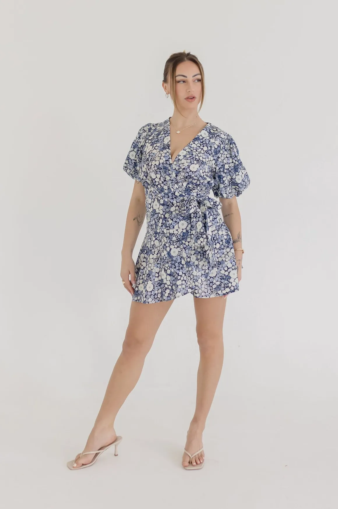 Charlie Short Puff Sleeve Floral Print Wrap Mini Dress Navy