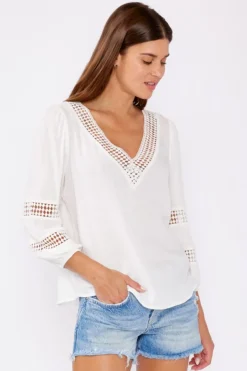 Chelsea Long Sleeve Lattice Trim Top White