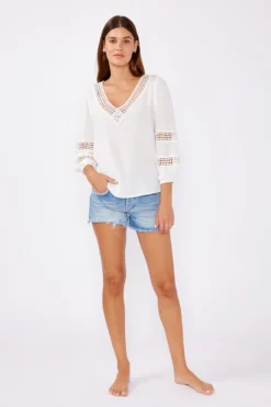 Chelsea Long Sleeve Lattice Trim Top White