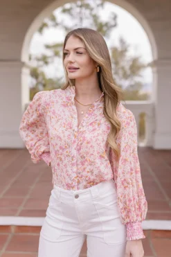Christina Long Sleeve Button Down Floral Print Top Pink