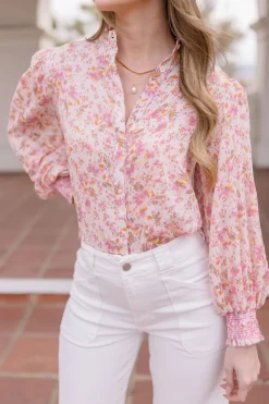 Christina Long Sleeve Button Down Floral Print Top Pink