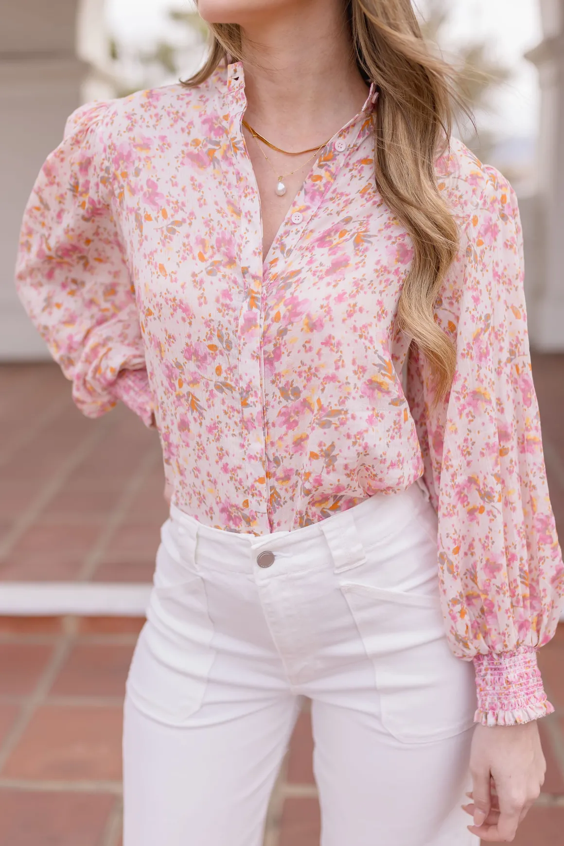 Christina Long Sleeve Button Down Floral Print Top Pink