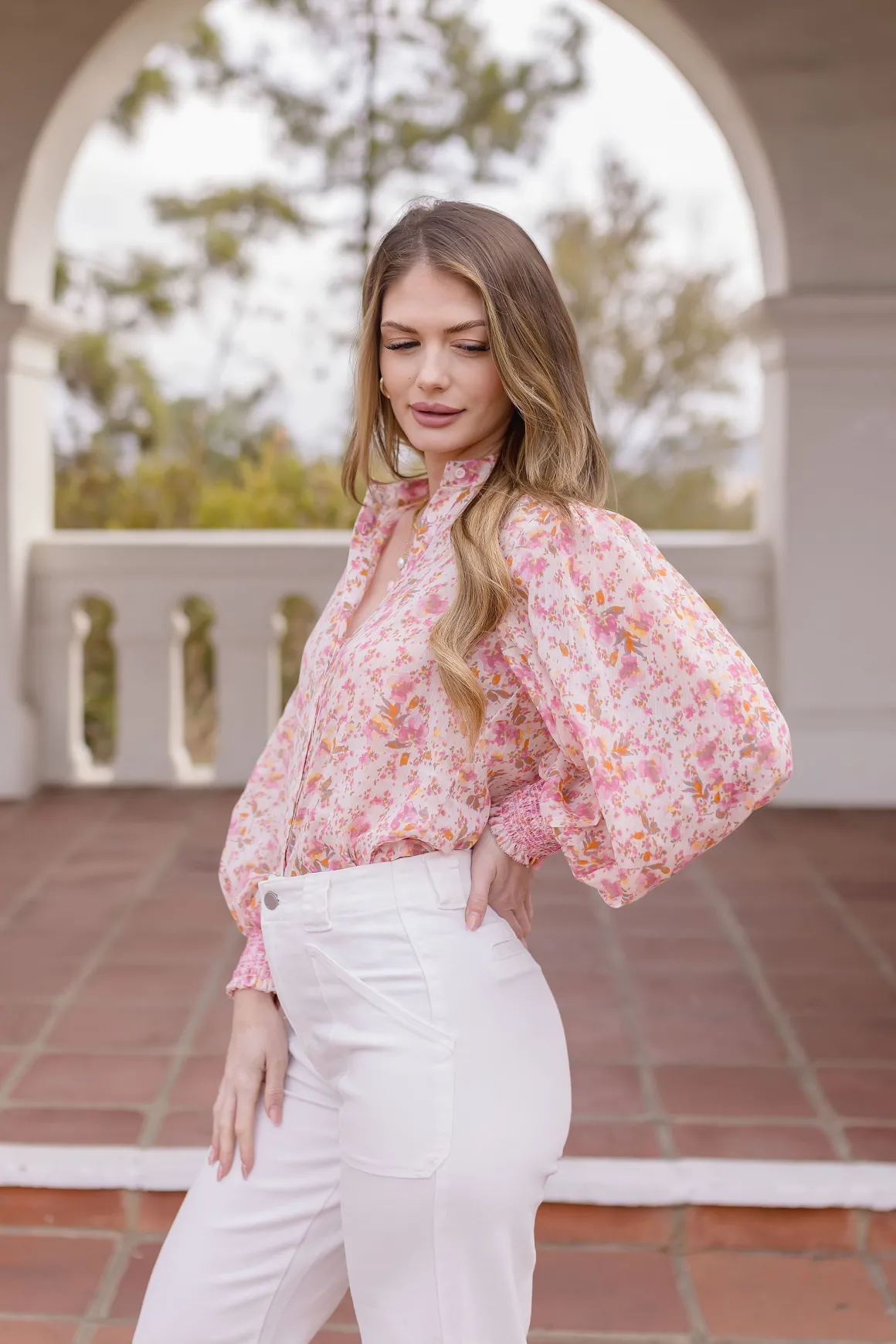 Christina Long Sleeve Button Down Floral Print Top Pink