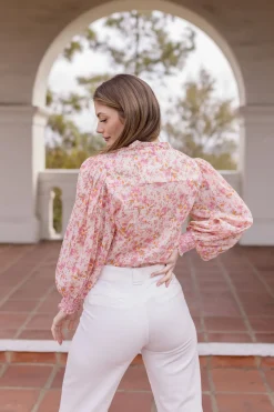Christina Long Sleeve Button Down Floral Print Top Pink
