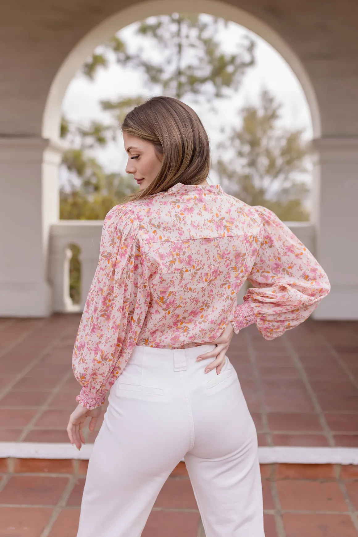 Christina Long Sleeve Button Down Floral Print Top Pink
