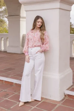 Christina Long Sleeve Button Down Floral Print Top Pink