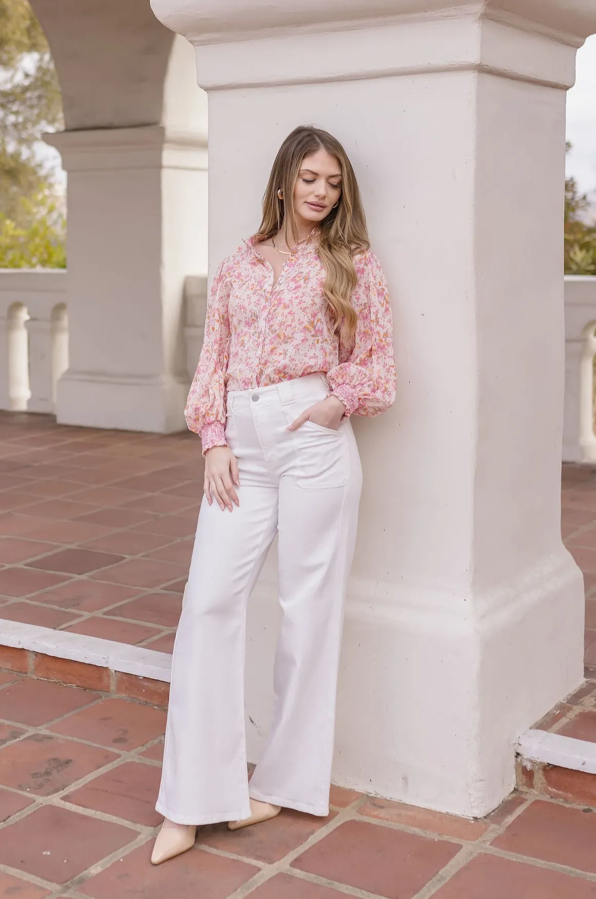 Christina Long Sleeve Button Down Floral Print Top Pink