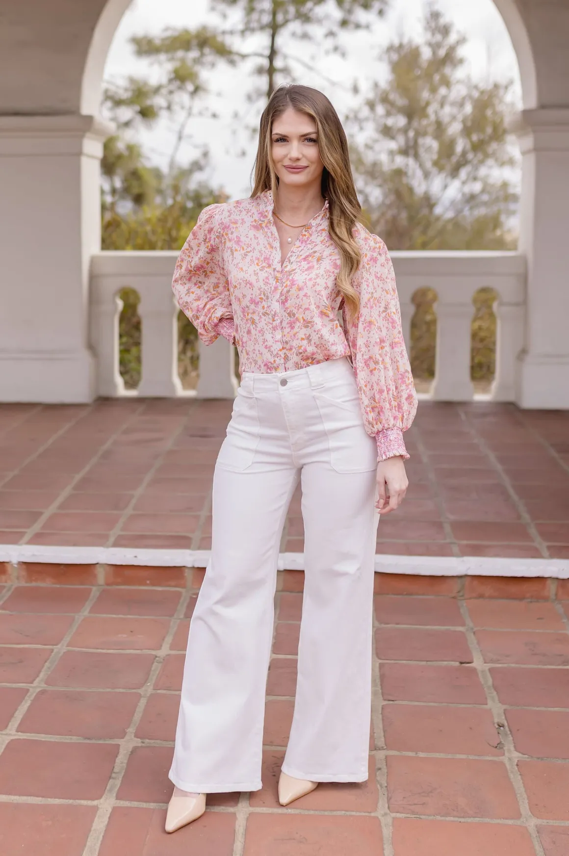 Christina Long Sleeve Button Down Floral Print Top Pink