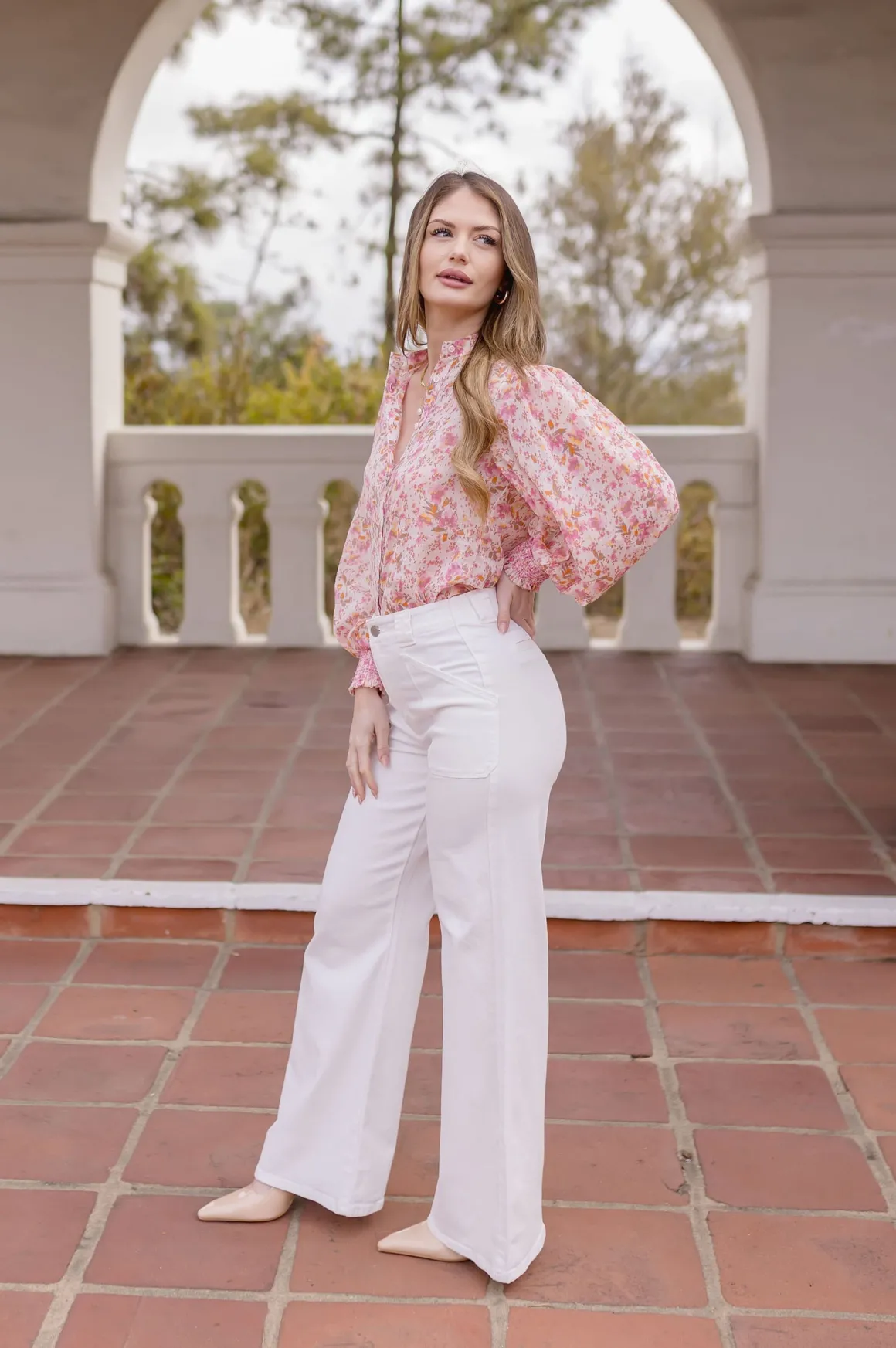 Christina Long Sleeve Button Down Floral Print Top Pink