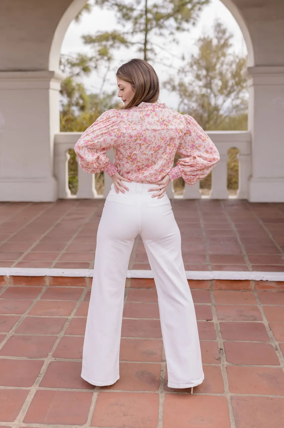 Christina Long Sleeve Button Down Floral Print Top Pink