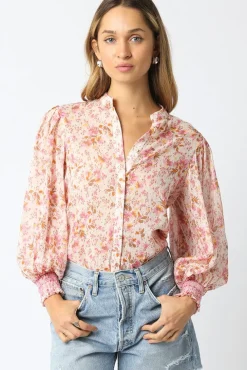 Christina Long Sleeve Button Down Floral Print Top Pink