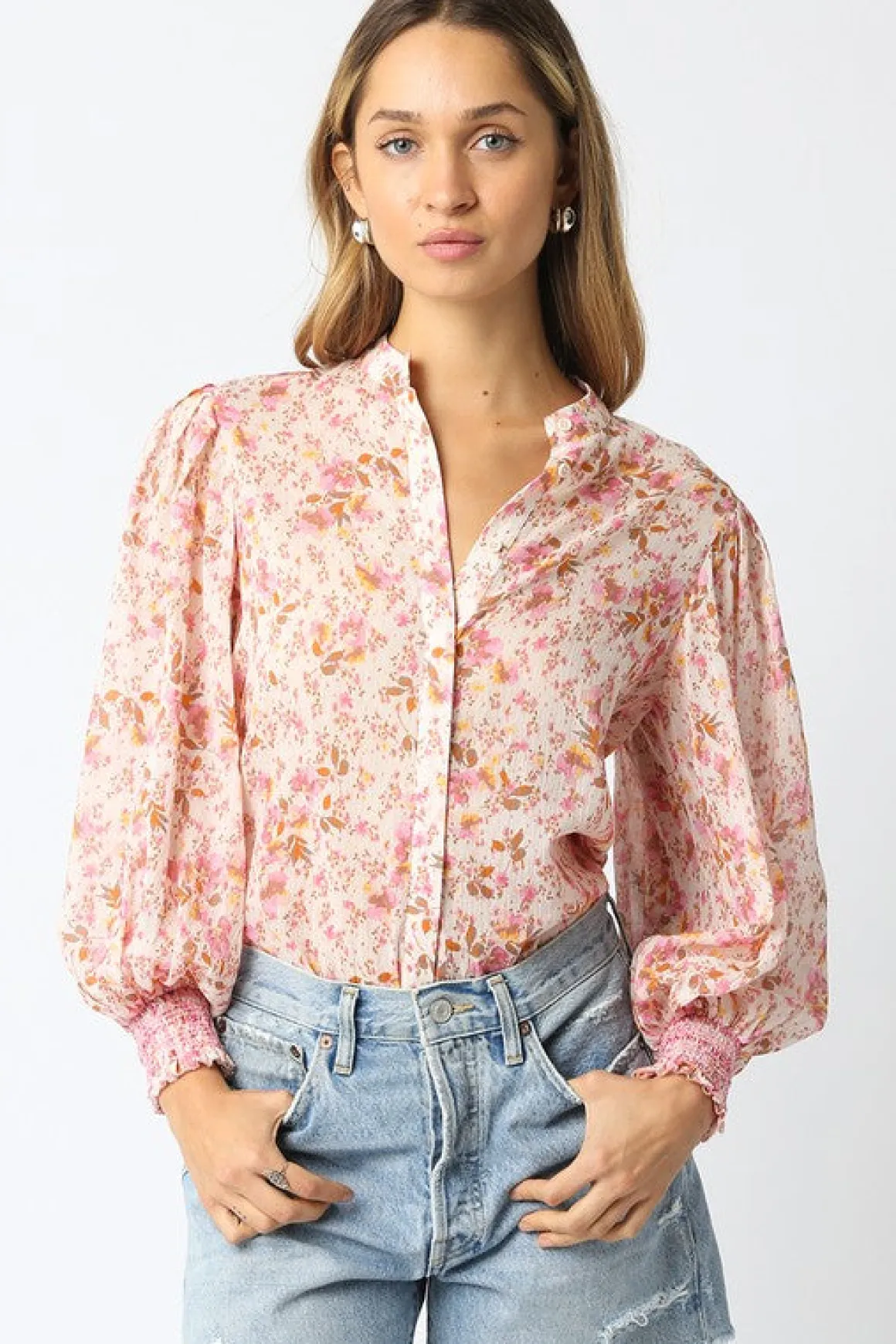 Christina Long Sleeve Button Down Floral Print Top Pink