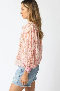 Christina Long Sleeve Button Down Floral Print Top Pink