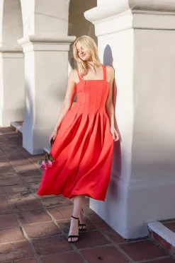 Christine Sleeveless Linen Midi Dress Red