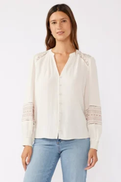 Claire Long Sleeve Embroidered Button Down Top Taupe