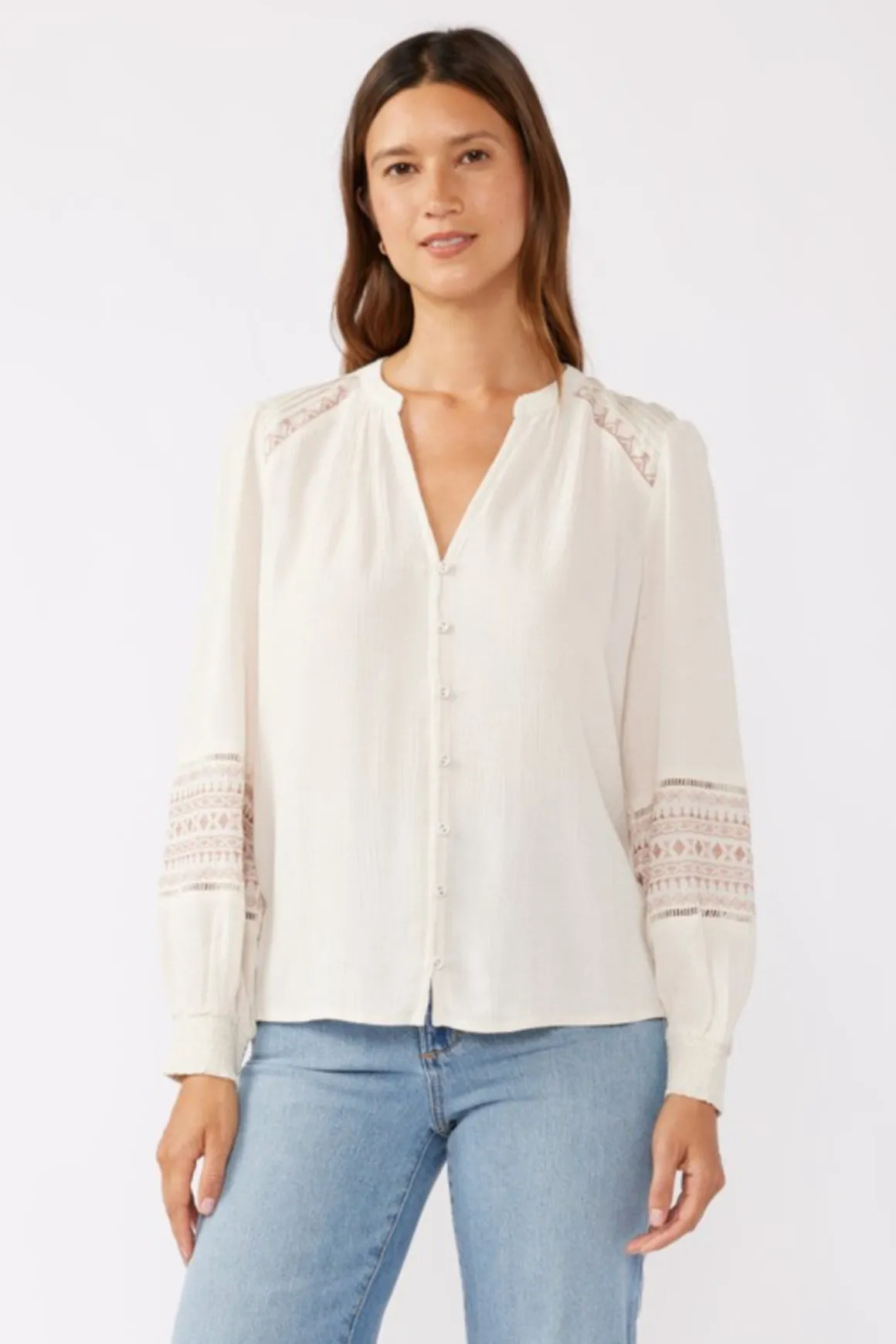 Claire Long Sleeve Embroidered Button Down Top Taupe