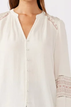 Claire Long Sleeve Embroidered Button Down Top Taupe