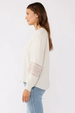 Claire Long Sleeve Embroidered Button Down Top Taupe