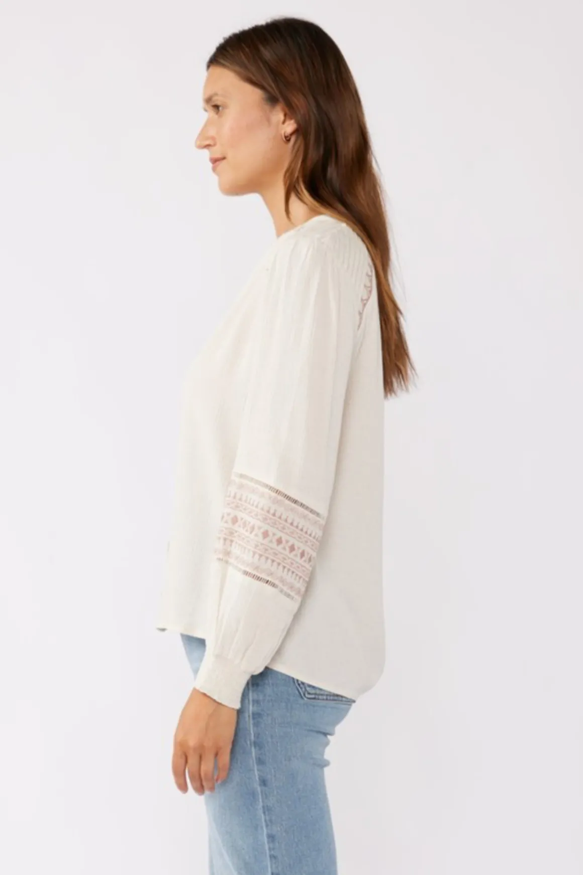 Claire Long Sleeve Embroidered Button Down Top Taupe
