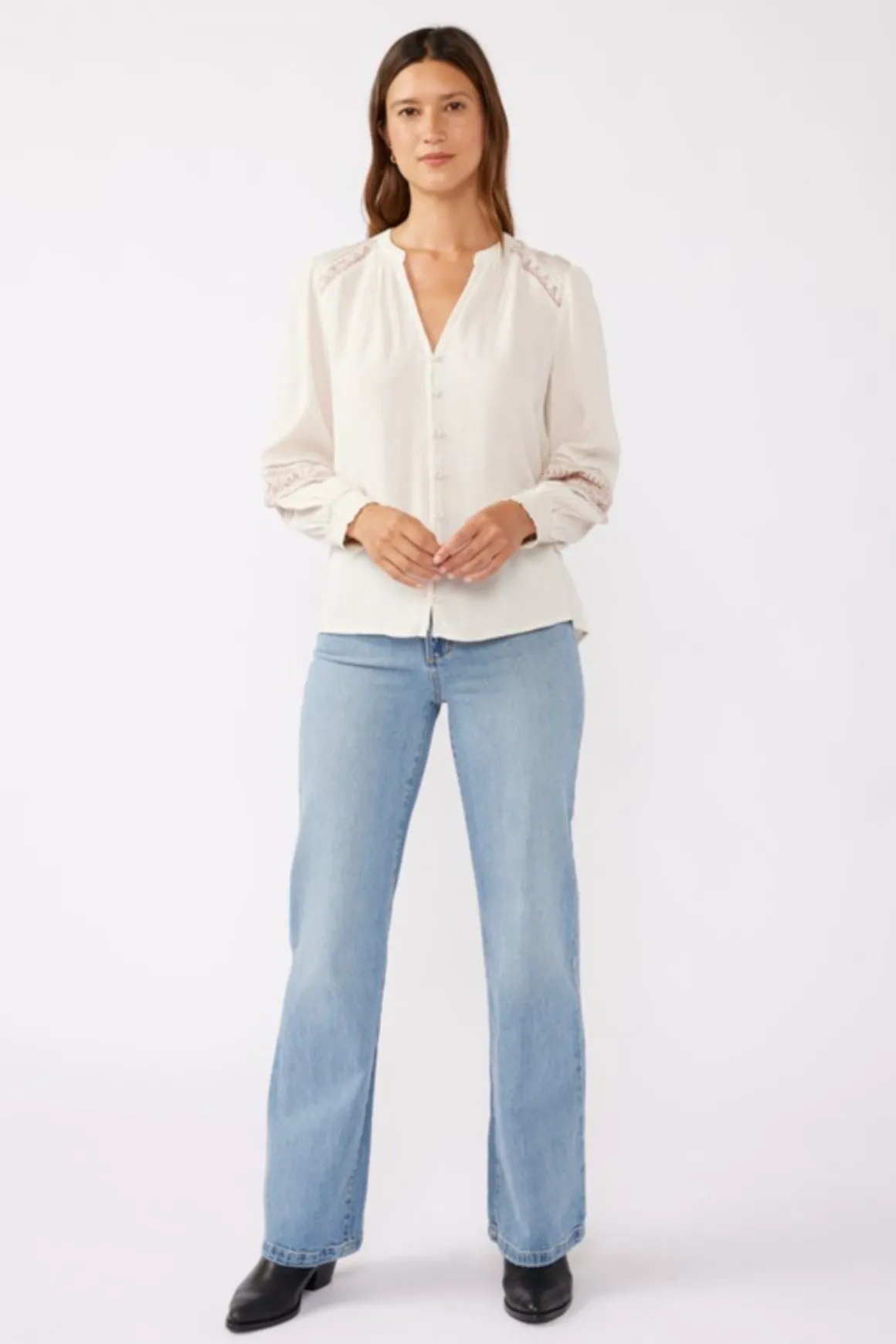 Claire Long Sleeve Embroidered Button Down Top Taupe