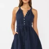 Clara Sleeveless Waist Tie Gauze Mini Dress Navy