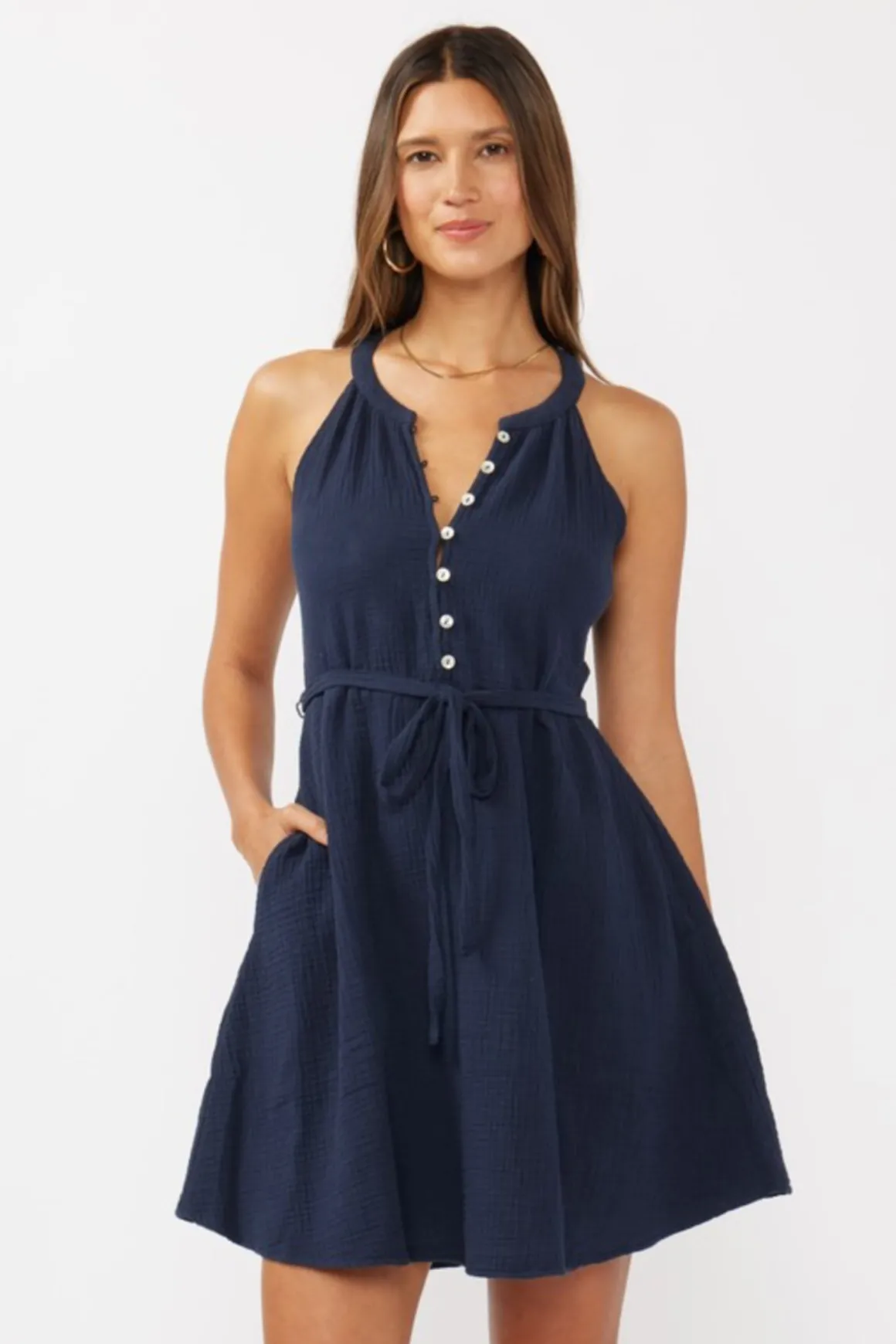 Clara Sleeveless Waist Tie Gauze Mini Dress Navy
