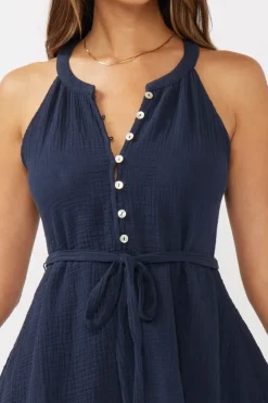 Clara Sleeveless Waist Tie Gauze Mini Dress Navy