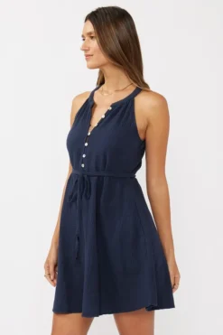 Clara Sleeveless Waist Tie Gauze Mini Dress Navy