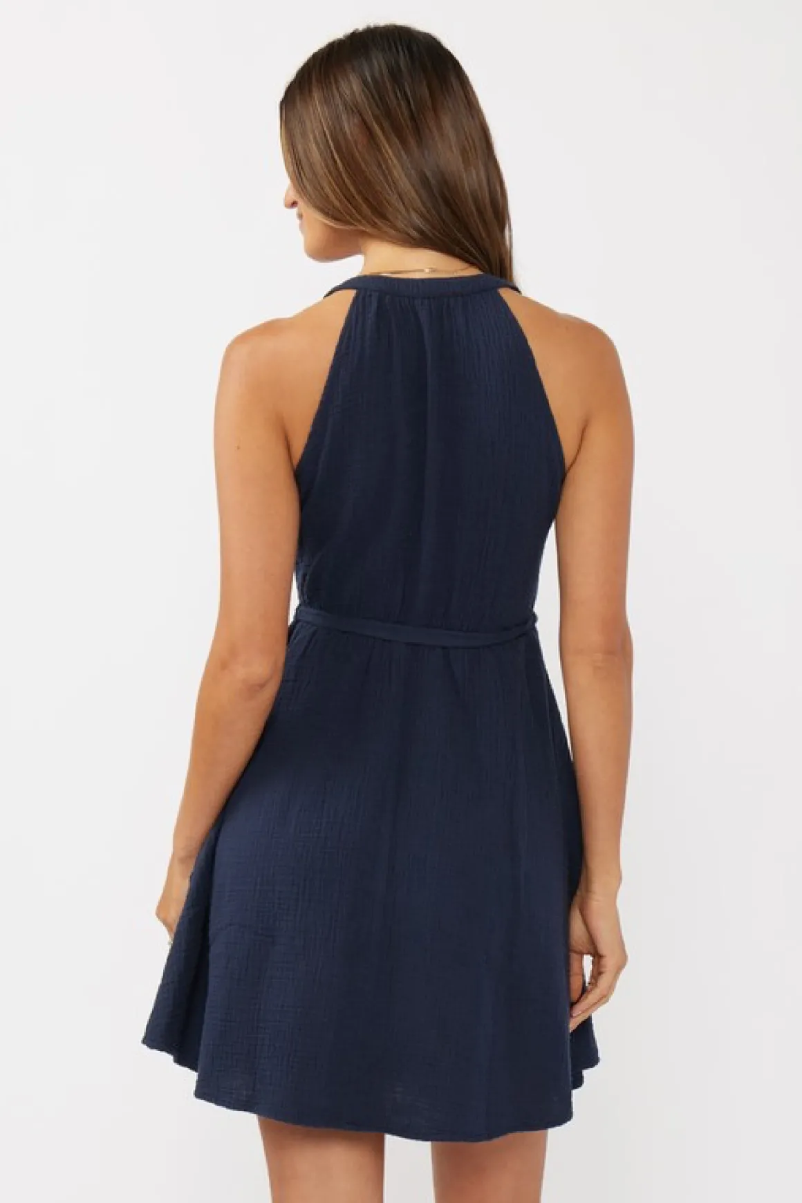 Clara Sleeveless Waist Tie Gauze Mini Dress Navy
