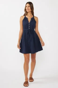 Clara Sleeveless Waist Tie Gauze Mini Dress Navy